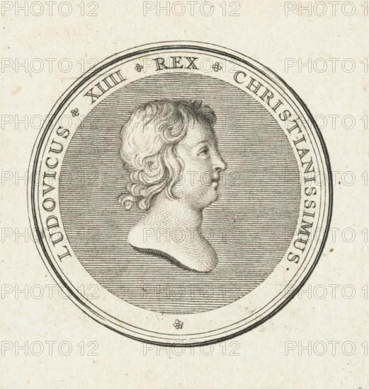 Coin with bust of Louis XIV, print, Obverse of a coin with a profile bust of the young Louis XIV,