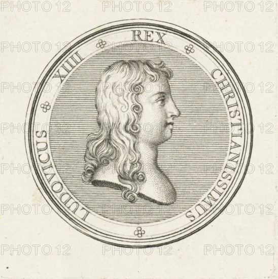 Coin with bust of Louis XIV, print, Obverse of a coin with bust in profile of Louis XIV, first