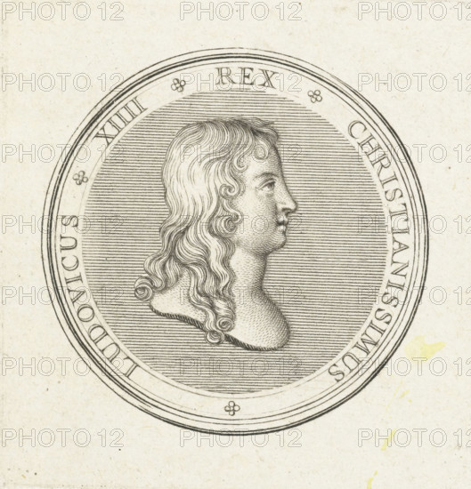 Coin with bust of Louis XIV, print, Obverse of a coin with bust in profile of Louis XIV, first