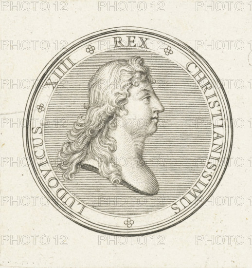 Coin with bust of Louis XIV, print, Obverse of a coin with bust in profile of Louis XIV.,