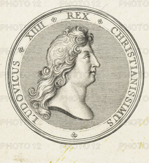 Coin with bust of Louis XIV, print, Obverse of a coin with bust in profile of Louis XIV.,