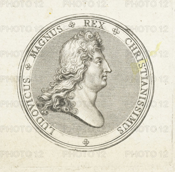 Coin with bust of Louis XIV, print, Obverse of a coin with bust in profile of Louis XIV.,
