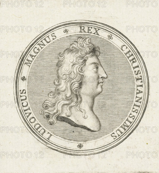 Coin with bust of Louis XIV, print, Obverse of a coin with bust in profile of Louis XIV.,