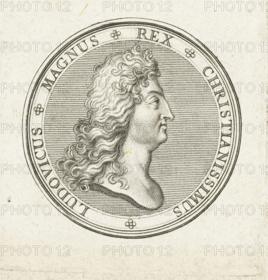 Coin with bust of Louis XIV, print, Obverse of a coin with bust in profile of Louis XIV.,