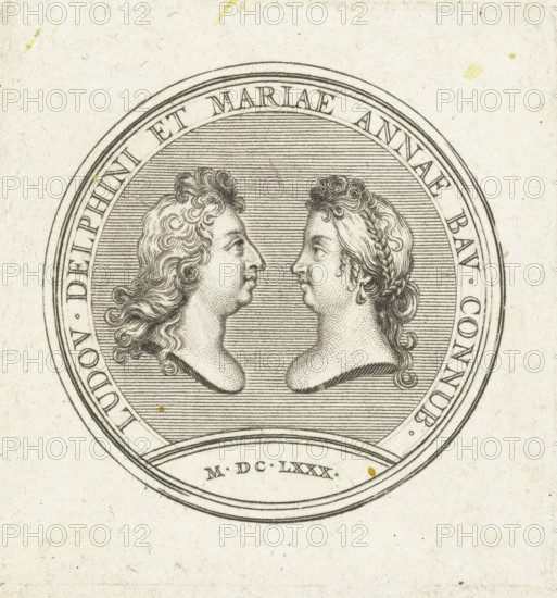 Coin with busts of Louis of France and Maria Anna of Bavaria, print, Reverse of a coin with profile