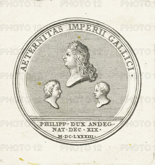 Coin with three busts, print, Reverse of a coin with three busts in profile, the top one is Louis