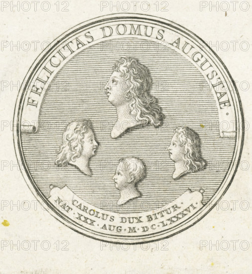 Coin with four busts, print, Reverse of a coin with four busts in profile. The top one is Louis of