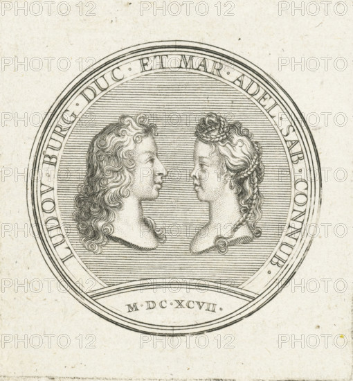 Coin with busts of the Duke and Duchess of Burgundy, print, Reverse of a coin with profile busts of