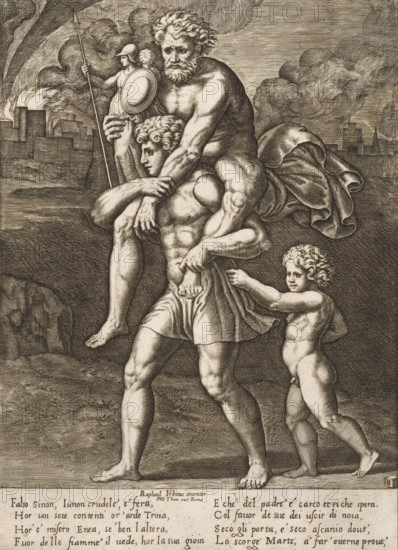 Aeneas and his family flee from Troy, print, Aeneas walks with his father Anchises on his back. In