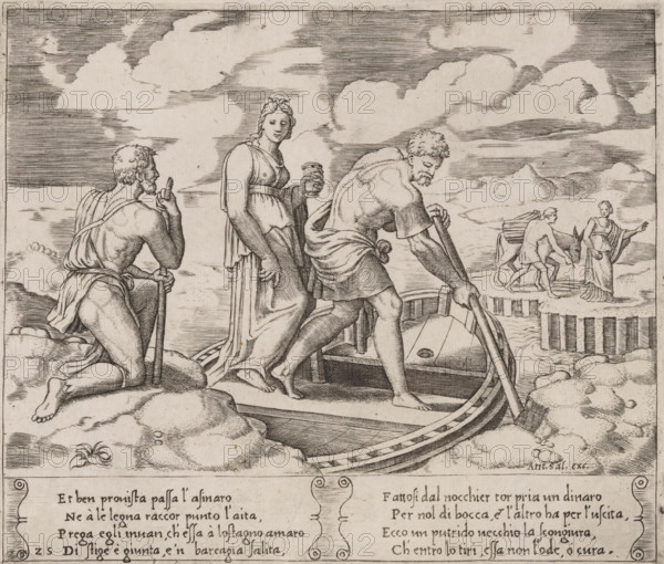 Psyche in Charon's Ferry, Story of Amor and Psyche, print, Series number, 25, 32, Psyche stands in
