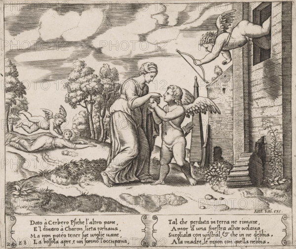 Psyche opens the jar with Proserpina's beauty, Story of Amor and Psyche, print, Series number, 28,