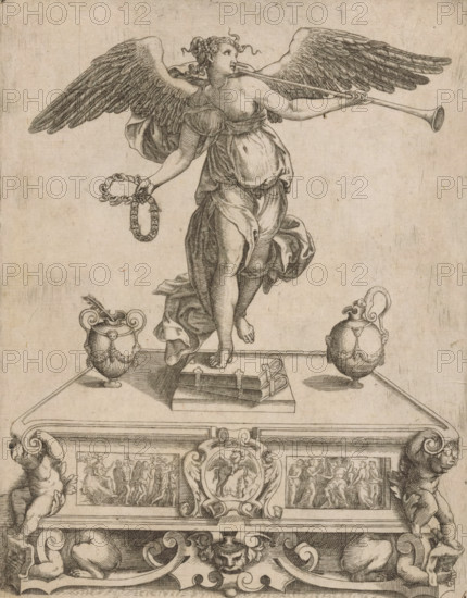 Fame, print, Fame as a winged female figure, standing on two books and blowing a trumpet. In her
