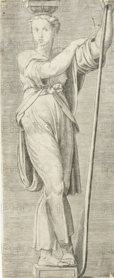 Caryatid with oar, print, A caryatid, standing cross-legged and leaning on an oar, symbolizes