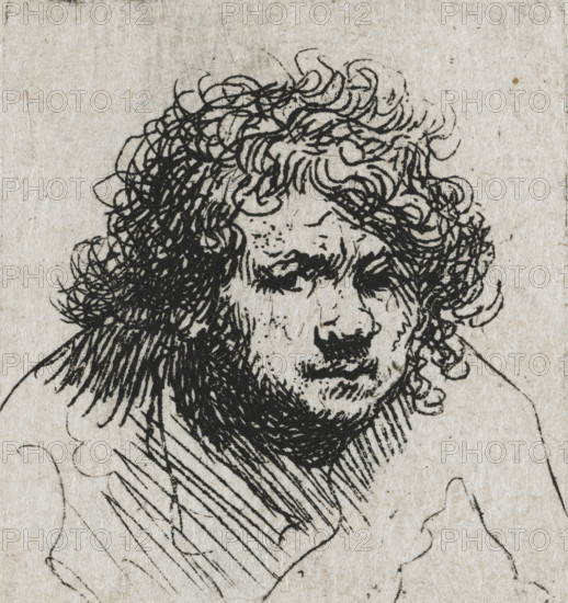 Self-portrait leaning forward: bust, print, printmaker: Rembrandt van Rijn, c. 1629, paper,