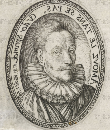 Portrait of Geeraert Verspronck, print, Portrait bust of Geeraert Verspronck, in oval with mirrored