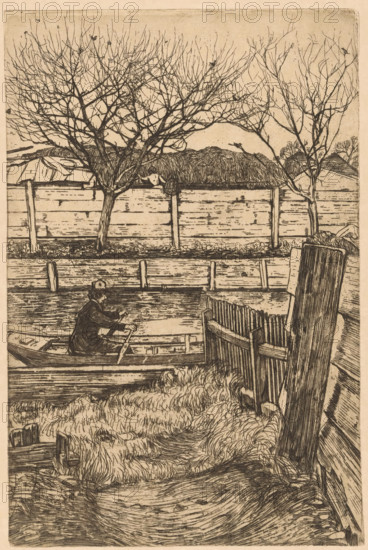 Man in a rowboat, probably at the Slatuinen in Amsterdam, print, In the background a wooden fence