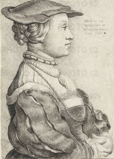 Portrait of a woman with a bonnet, in profile, Portrait of Anna of Cleves (?), print, printmaker: