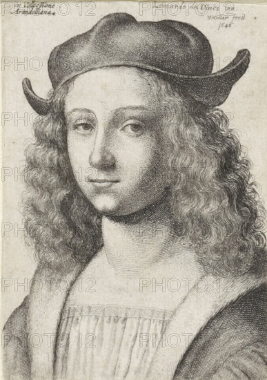 Portrait of a young man with long curly hair and a hat, print, printmaker: Wenceslaus Hollar,