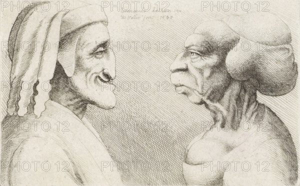 Deformed caricature heads of a man with a cap (Dante?) and a woman, Caricatures, heads and