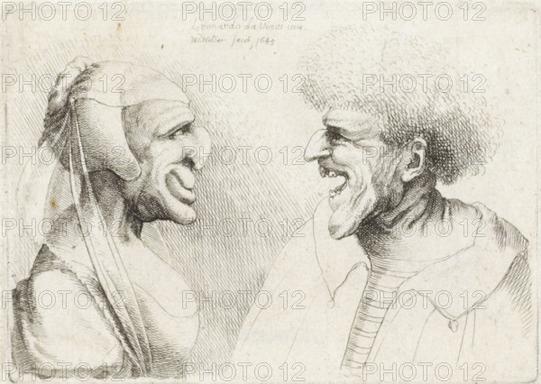 Deformed heads of a laughing man and woman with a head covering, Caricatures, heads and deformities