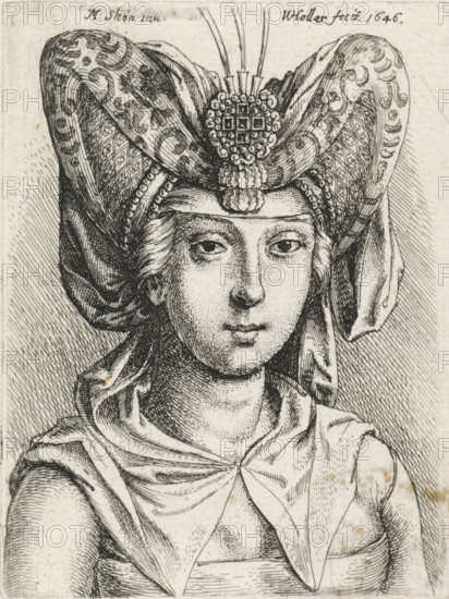 Portrait of woman with V-shaped bourrelet on the head, print, printmaker: Wenceslaus Hollar,