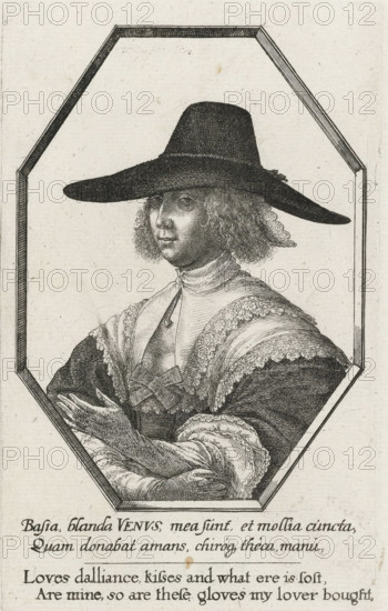Portrait of a woman with a large dark hat and long gloves, Women's portraits in octagonal frames,
