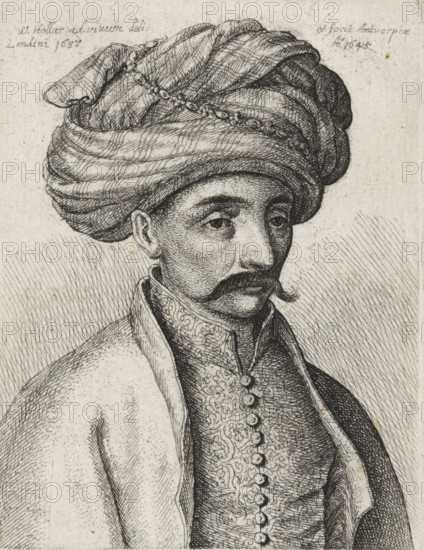 Portrait of a Turkish man with mustache and turban, print, printmaker: Wenceslaus Hollar, Antwerp,