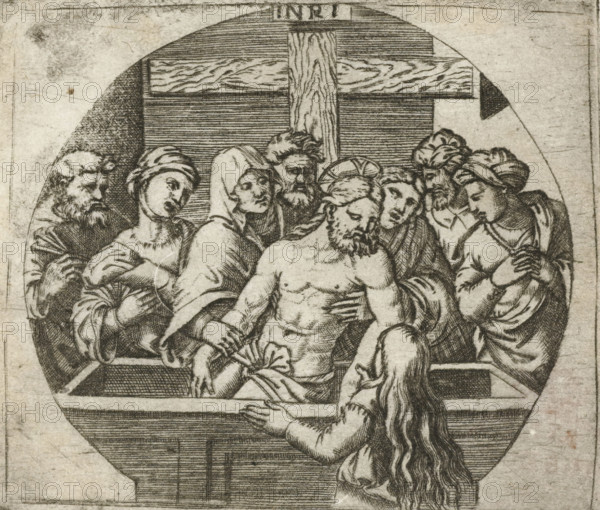 Entombment of Christ, print, printmaker: Agostino Veneziano, Italy, after print by Marcantonio