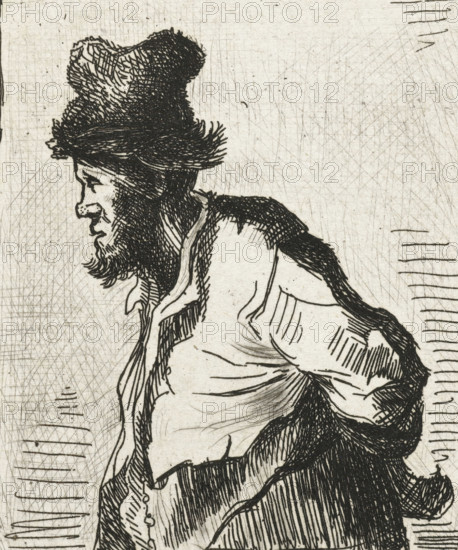 Peasant with his hands behind his back, print, printmaker, after print by, Rembrandt van Rijn,