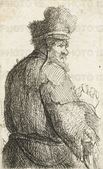 Sheet of studies of men's heads: old man seen from behind, profile right: half-figure, print,