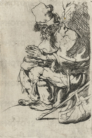 Beggar seated warming his hands at a chafing dish, print, printmaker, after print by, Rembrandt van