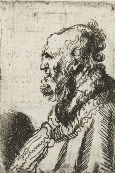 Bald old man with a short beard, in profile right, print, printmaker, after print by, Rembrandt van