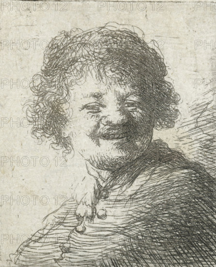 Self-portrait in a cap: laughing, print, printmaker, after print by, Rembrandt van Rijn, paper,