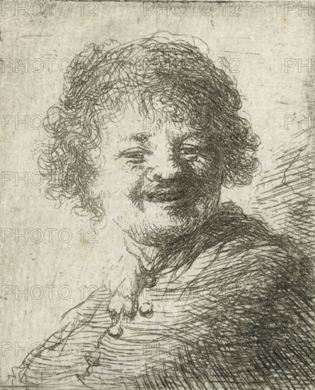 Self-portrait in a cap: laughing, print, printmaker, after print by, Rembrandt van Rijn, paper,