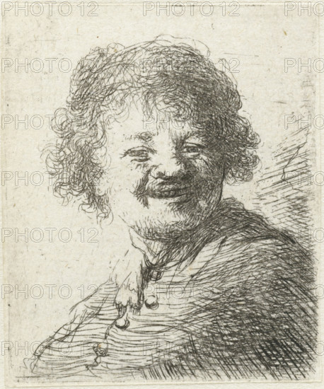 Self-portrait in a cap: laughing, print, printmaker, after print by, Rembrandt van Rijn, paper,