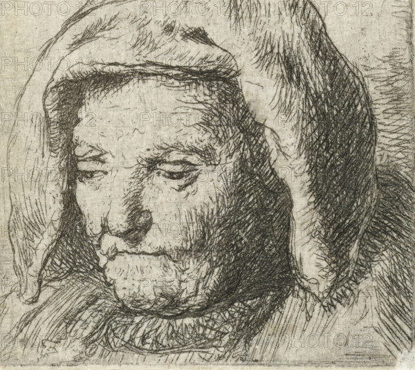 The artist's mother in a cloth headdress, looking down: head only, print, printmaker, after print