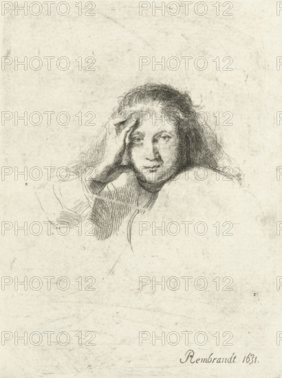 Three heads of women, one lightly etched, print, printmaker, after print by, Rembrandt van Rijn,