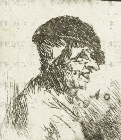 Bust of a laughing farmer, print, The bust of a laughing farmer has a pendant with a similar