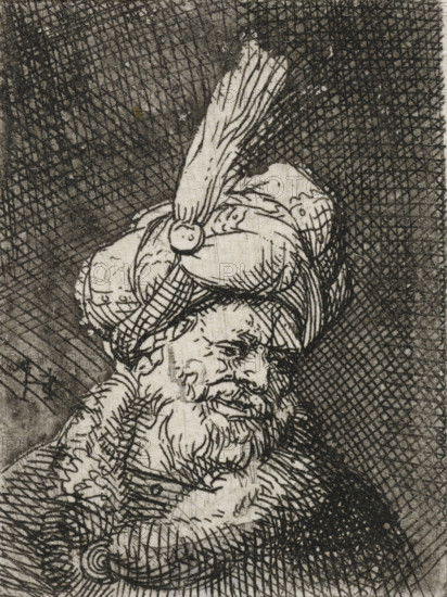 Bust of an Oriental man, print, Bust of a man with a feathered turban., printmaker: Samuel van