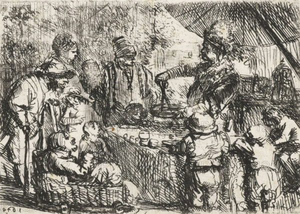 Magician under a parasol, print, A magician or quack standing under a parasol by a table with