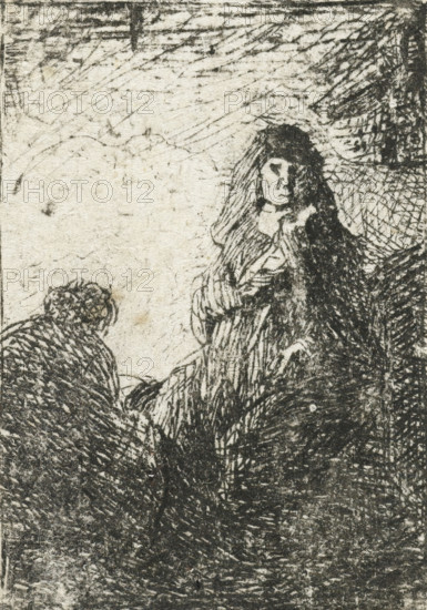 Standing woman and seated man, print, Standing woman seen from the front and seated man seen from