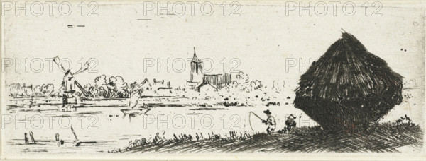 Landscape with haystack, print, A village with a church and mill by the water, in the foreground a