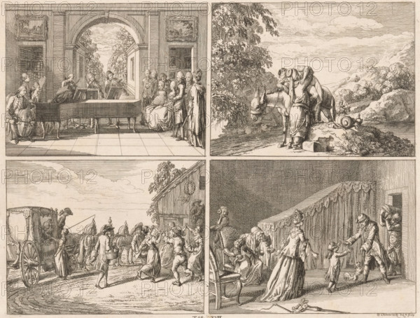 Human Pleasures, print, Four scenes depicting human pleasures. Above, a musical group (as an