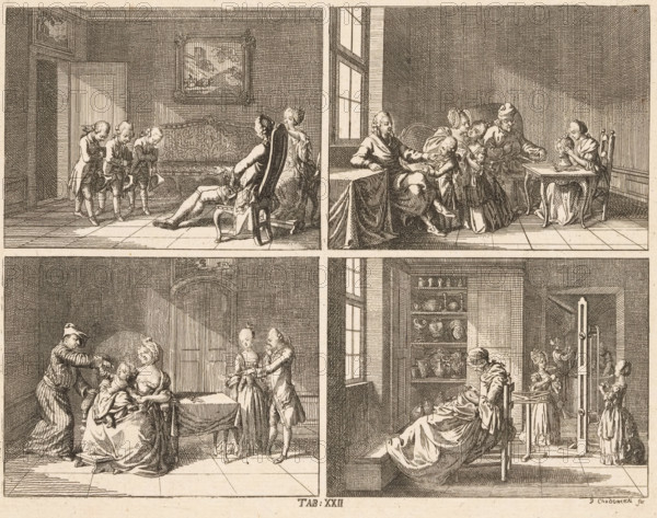 Human character traits, print, Four scenes depicting human character traits. Above: three boys