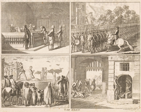 Public punishments, print, Four depictions of public punishments. Top left: a courtroom where a