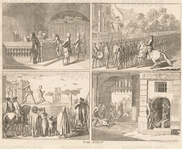 Public punishments, print, Four depictions of public punishments. Top left: a courtroom where a