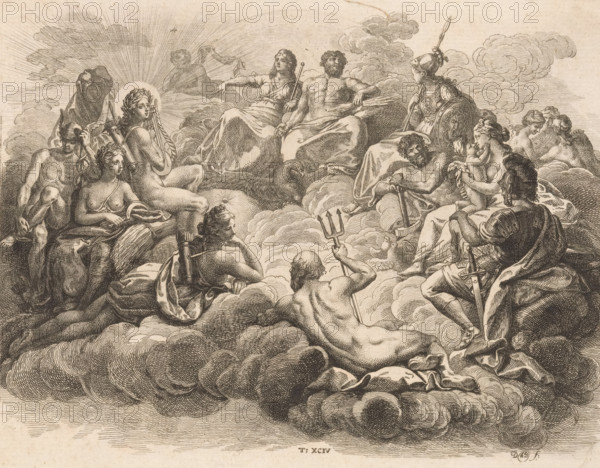 Gathering of the Gods on Olympus, print, Numbered bottom center: T: XCIV., printmaker: Daniel