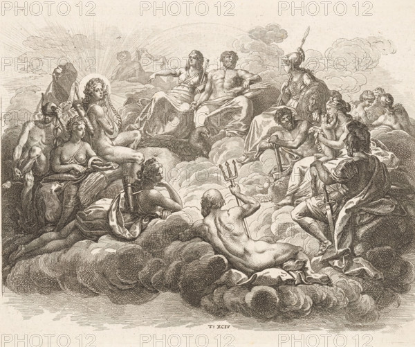 Gathering of the Gods on Olympus, print, Numbered bottom center: T: XCIV., printmaker: Daniel