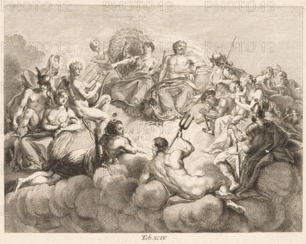 Gathering of the Gods on Olympus, print, Numbered bottom center: Tab: XCIV., printmaker, after