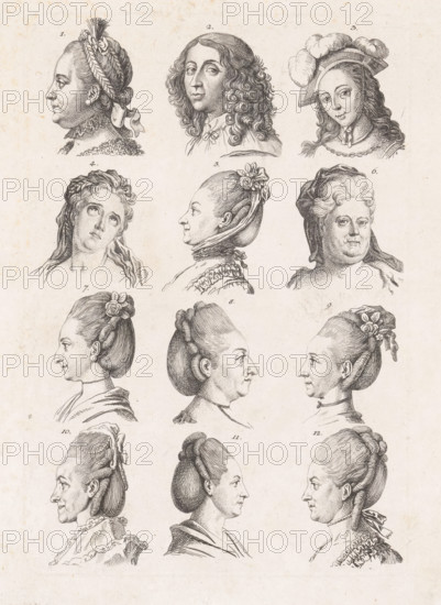 Twelve heads of women, print, On the top row: Catherine the Great, Christine of Sweden and Joan of